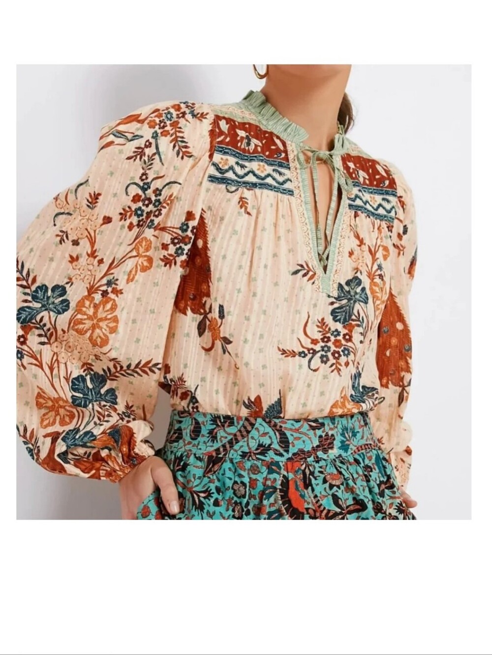 Ulla Johnson Cream Floral Peasant Blouse with Rust & Teal Accents